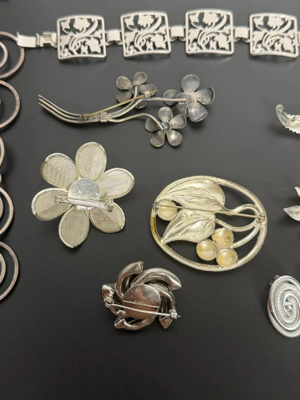 Vintage Botanical Silver Tone Mixed Lot Brooch, Earrings, Bracelet 10pc